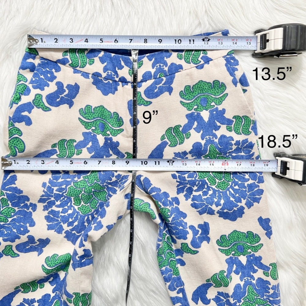 SOLD-Boden Blue & Green Damask Printed Cream Cropped Linen Pants - Picture 7 of 9